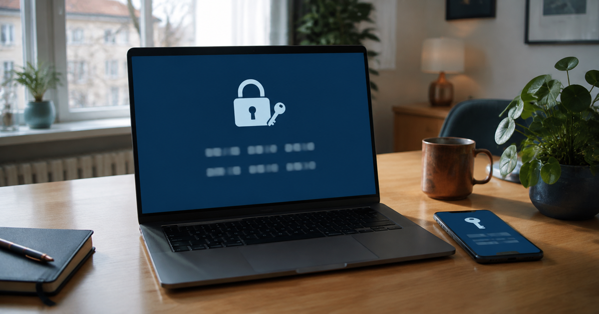 A laptop showing an abstract recovery screen with a phone beside it for finding the recovery key