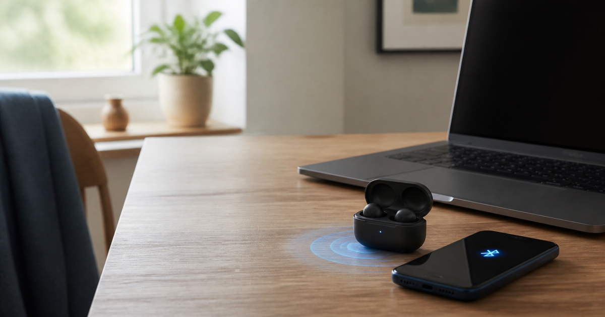 Wireless earbuds in a charging case beside a phone and laptop