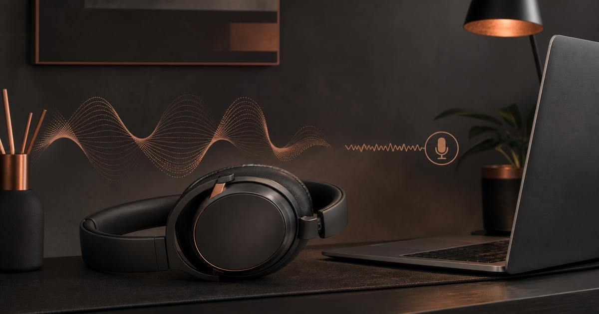 Bluetooth headphones and a laptop with an audio wave narrowing when the microphone becomes active