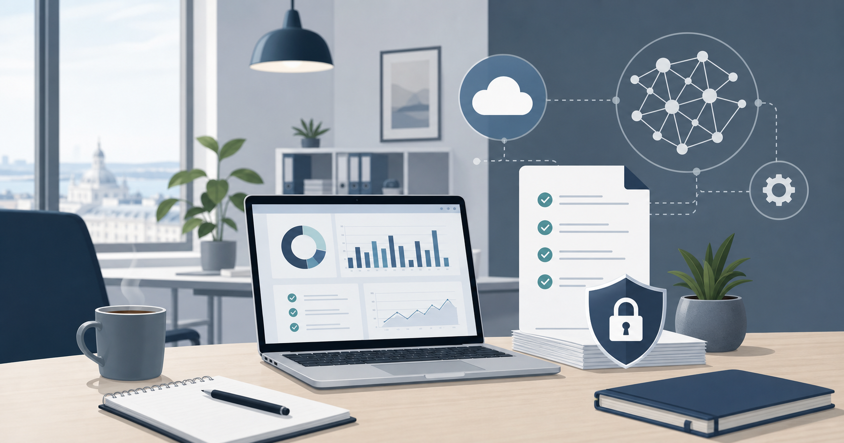 Small-business desk with cloud services, checklist, cybersecurity and AI
