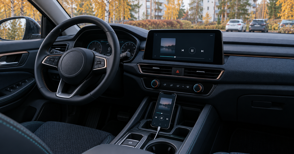 Phone in a holder beside an audio display in a parked car, illustrative image