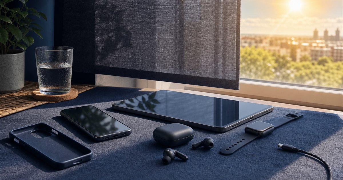 Phone, tablet, earbuds and smartwatch protected from direct sunlight