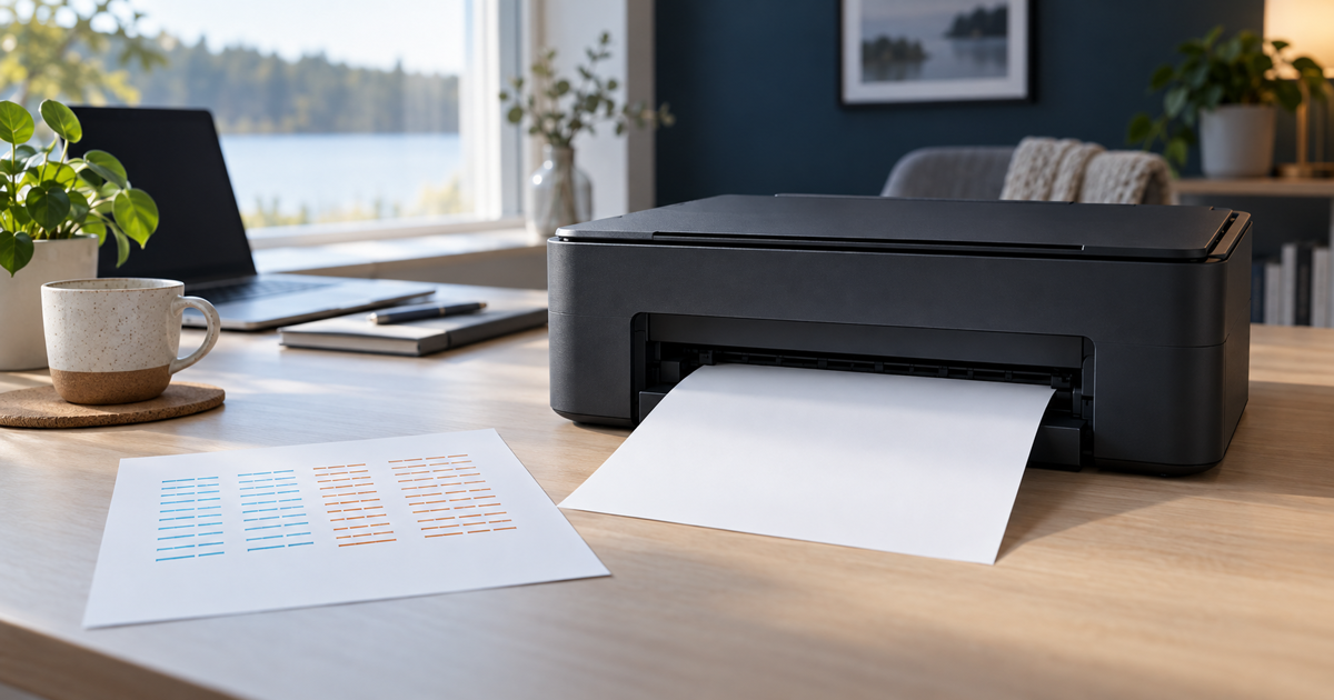 An unbranded black inkjet printer ejects a blank sheet beside a simple nozzle-check pattern