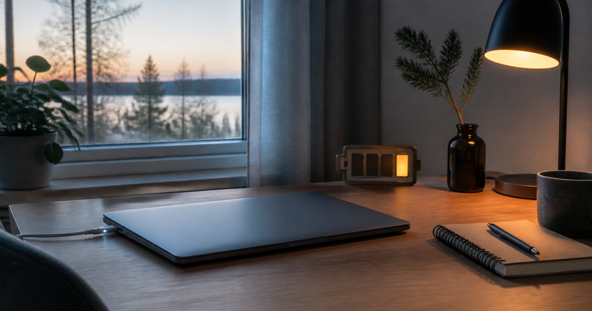 Closed laptop and battery symbol in a home office