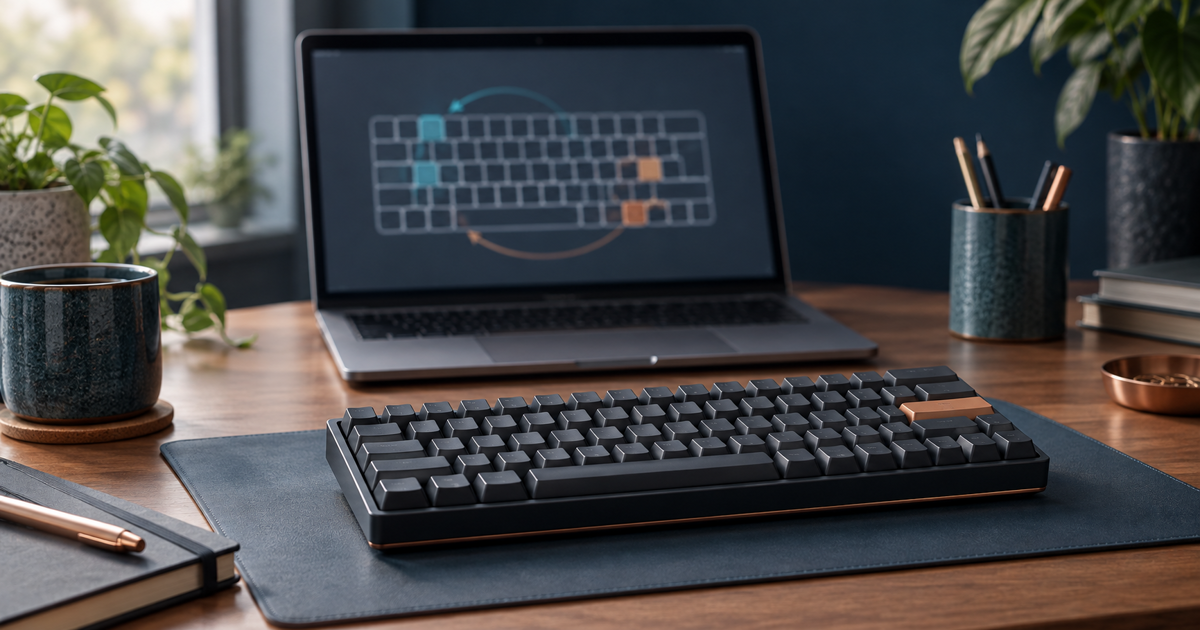 Laptop and separate keyboard on a home desk; an illustrative keyboard-layout scene