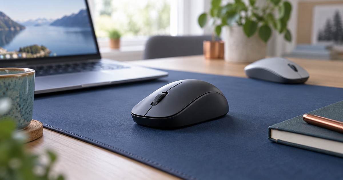 A plain mouse and laptop on a home desk, with a second mouse for comparison in the background