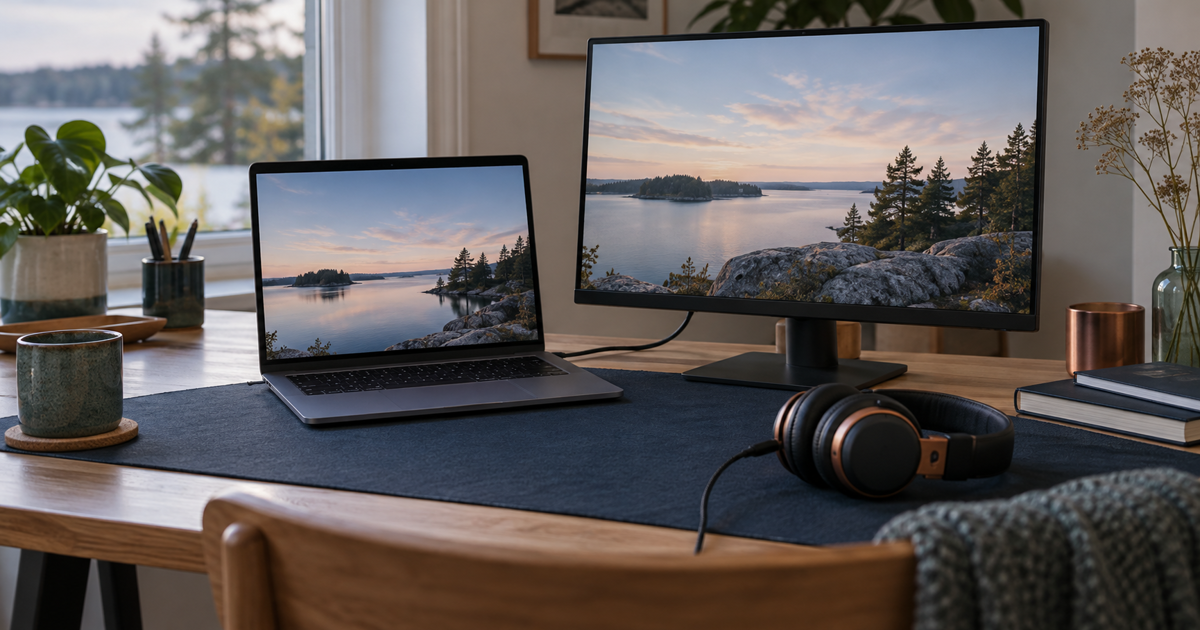 Laptop, external monitor and wired headphones on a calm home desk