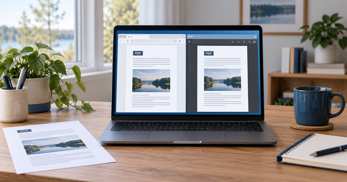 Laptop displaying the same sample PDF in a browser and a separate reader, AI illustration