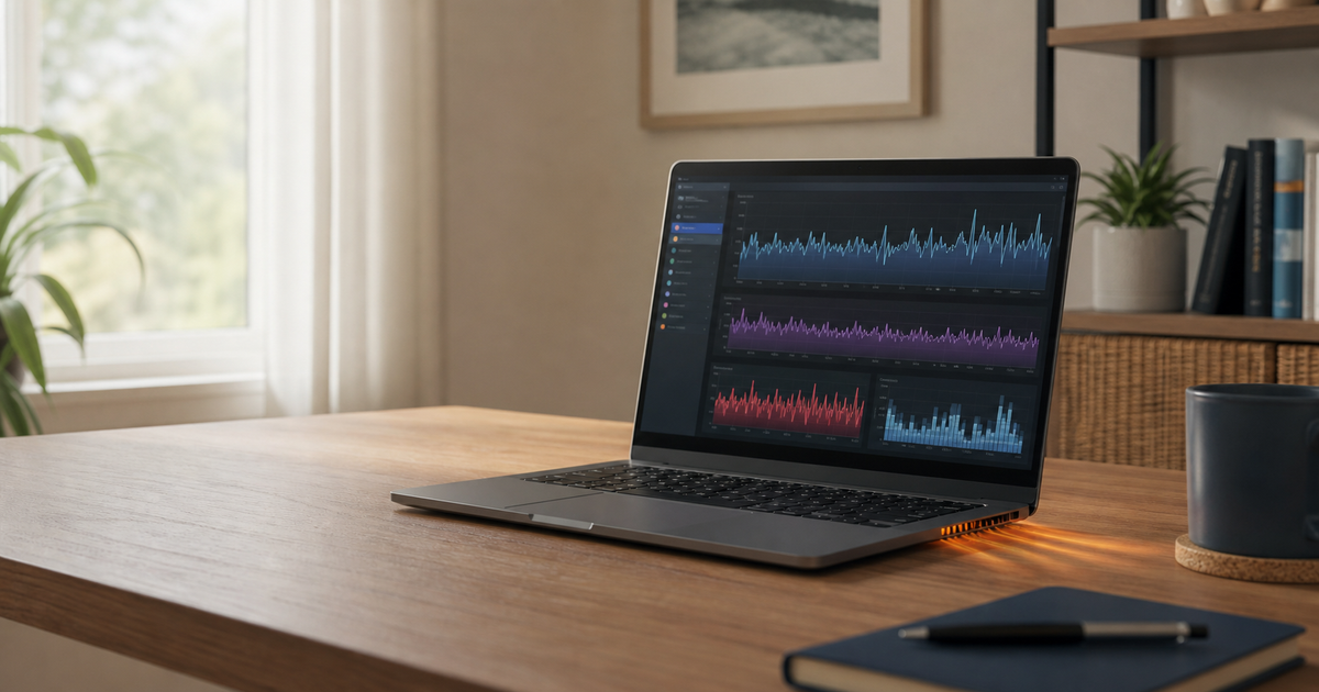 Laptop in a home office with performance graphs on screen