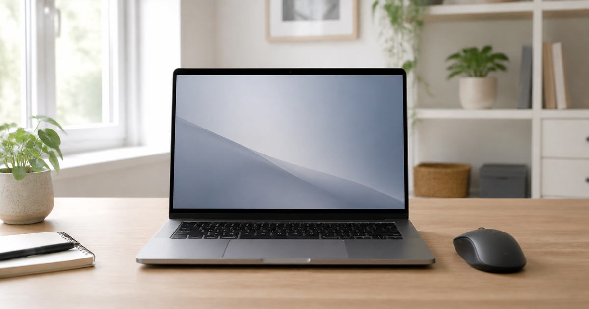 Laptop and mouse in a home office