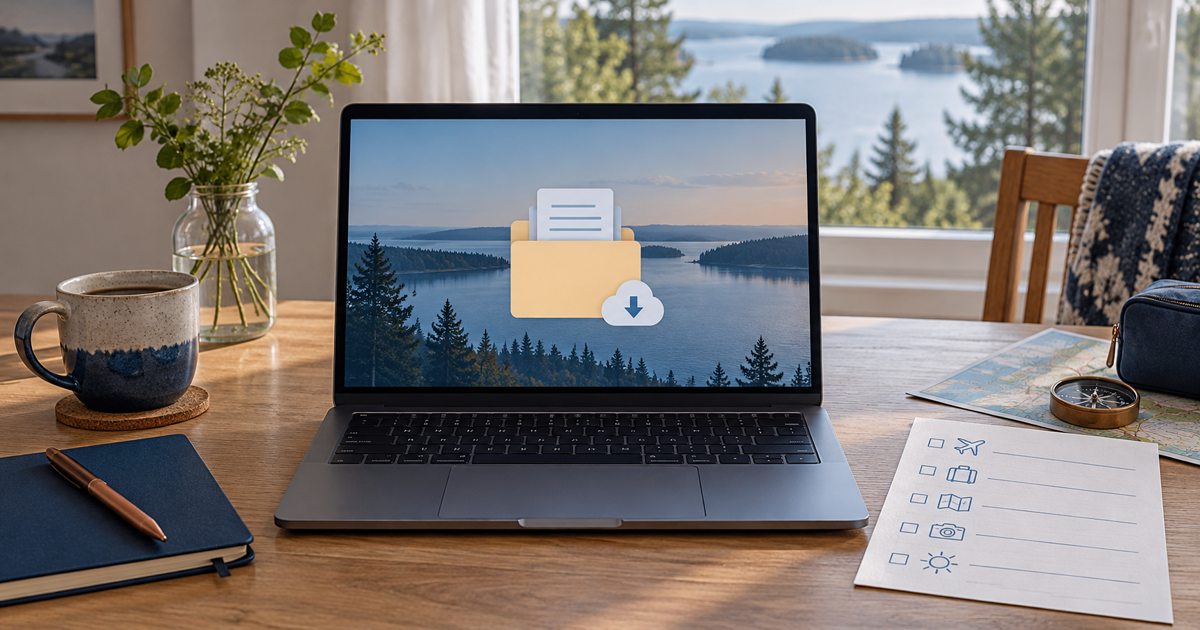 Laptop and travel preparation checklist on a home desk