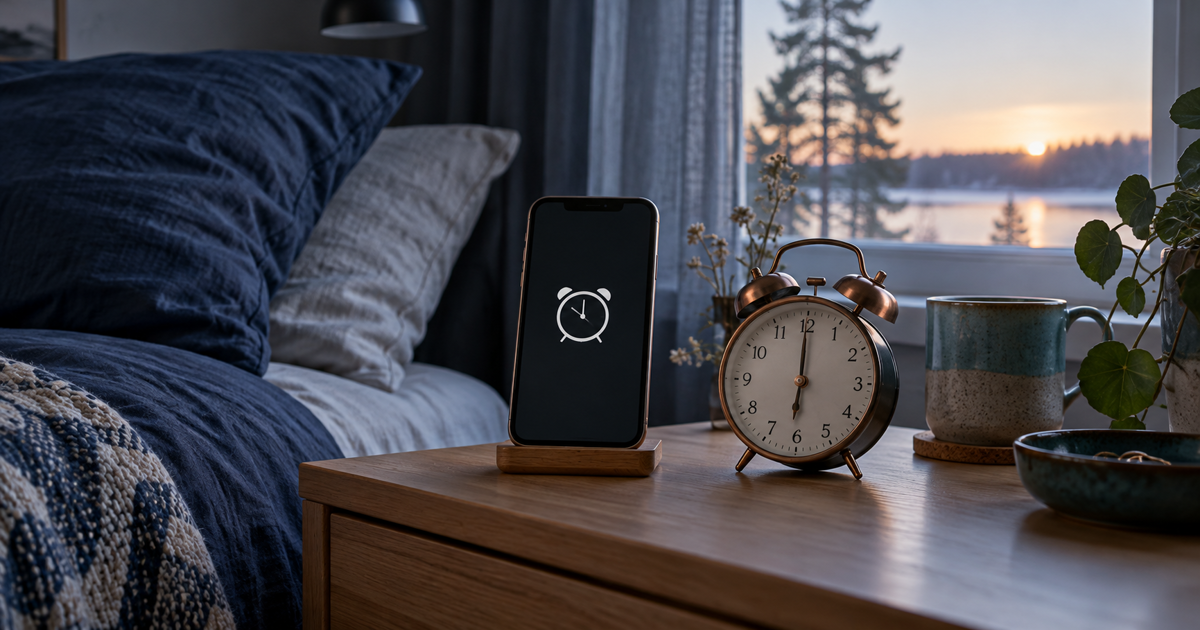 Phone and separate alarm clock on a bedside table in morning light