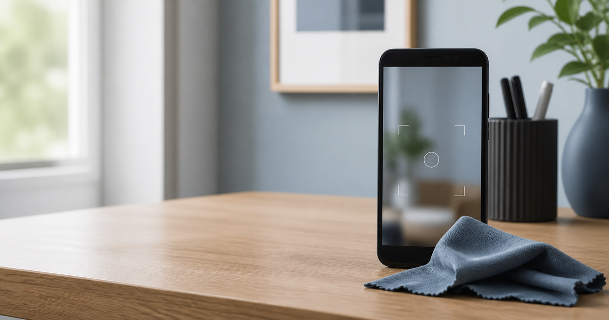 Phone with a camera focus frame and microfiber cloth on a home desk
