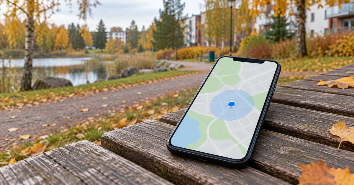 Phone displaying an illustrative map with a location accuracy circle in an autumn park, AI illustration