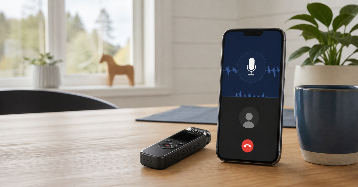 Phone and digital voice recorder on a home desk