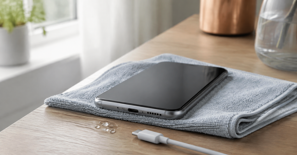 A phone resting on a dry cloth with a disconnected USB-C cable near its charging port