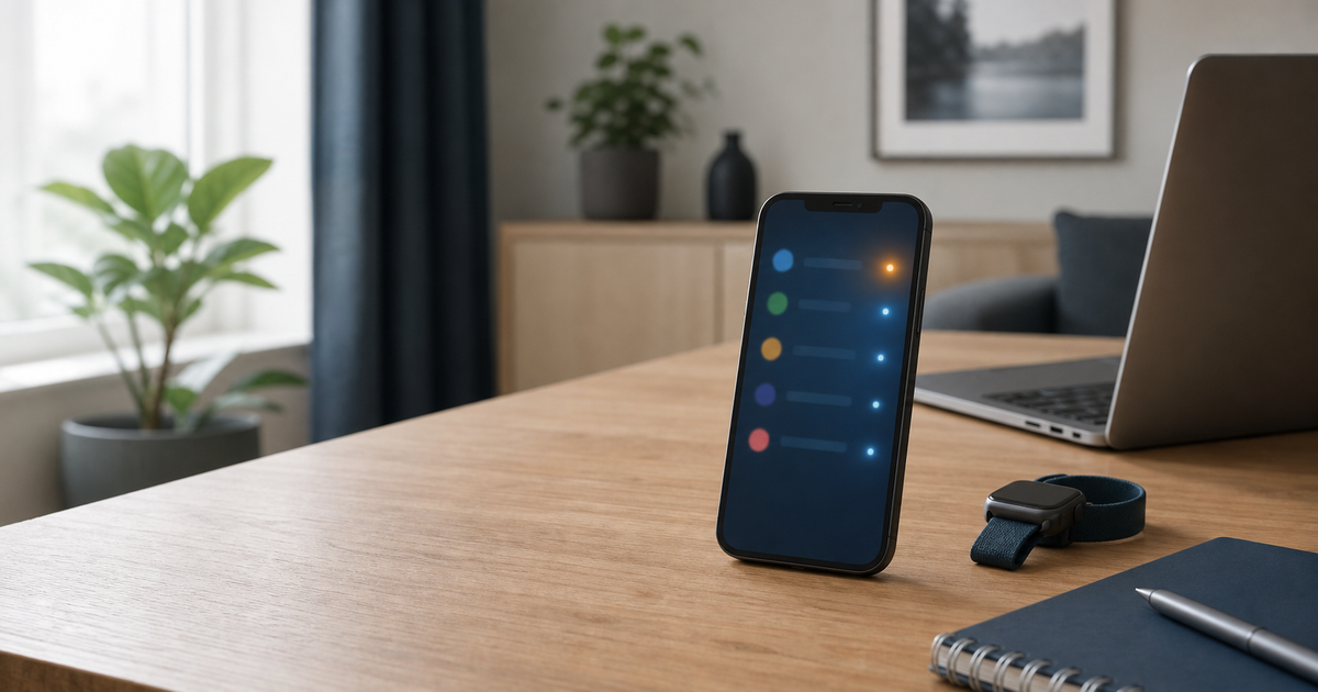 A phone, laptop and smartwatch in a home workspace for checking delayed notifications