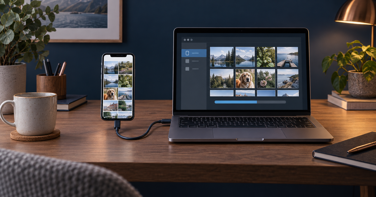 A phone and laptop connected by USB for photo transfer