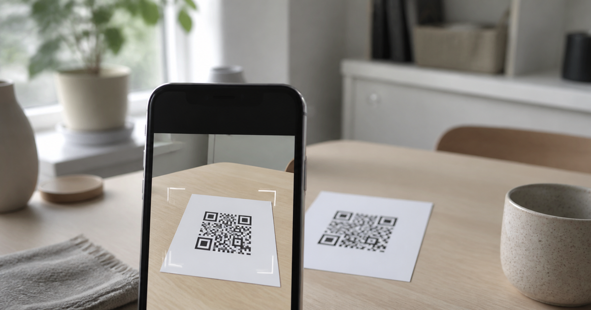 Phone scanning a QR code on a desk