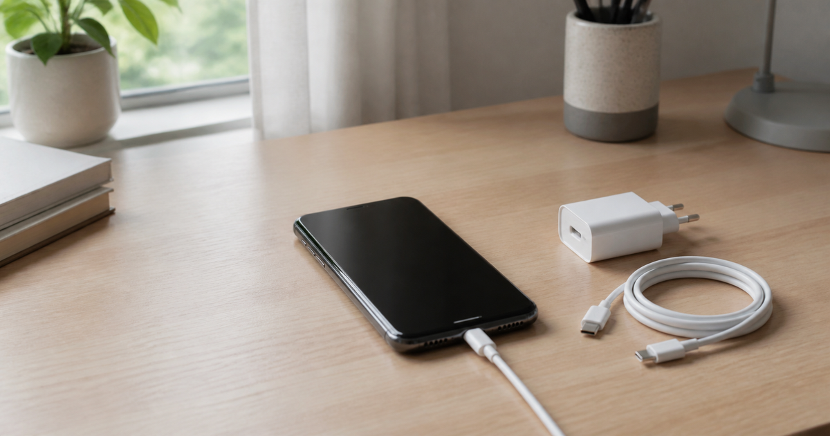 Phone, USB cable and charger on a home desk