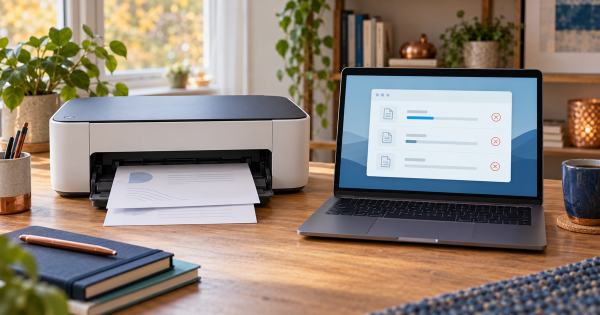 Home printer beside a laptop showing an illustrative print queue