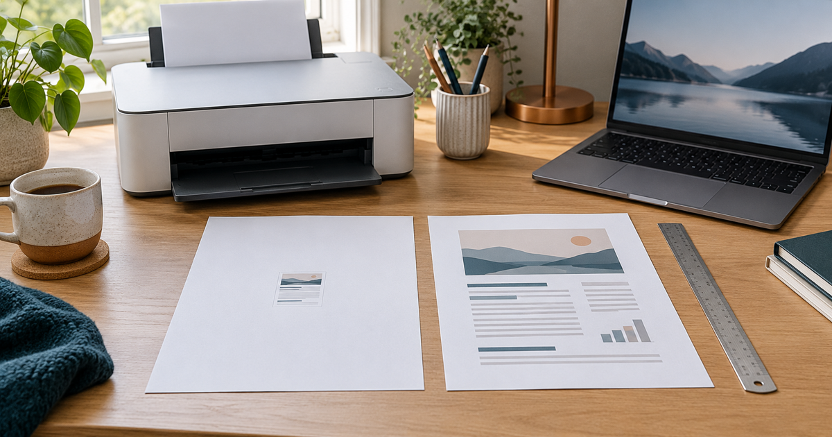 Home printer and two sample pages printed at different sizes on a desk, AI illustration