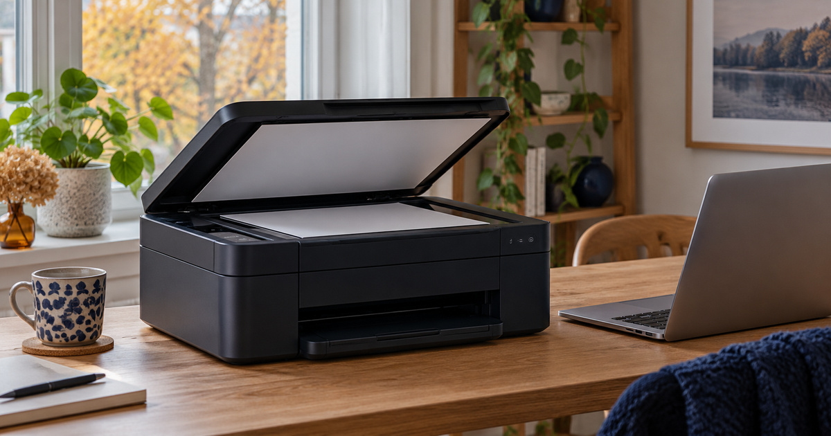 Multifunction printer, plain test sheet and laptop on a home desk, AI illustration