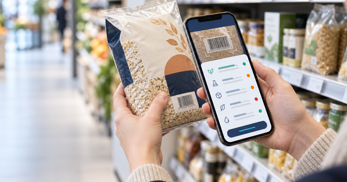 A shopper scans a food-package barcode with a phone in a Finnish grocery store