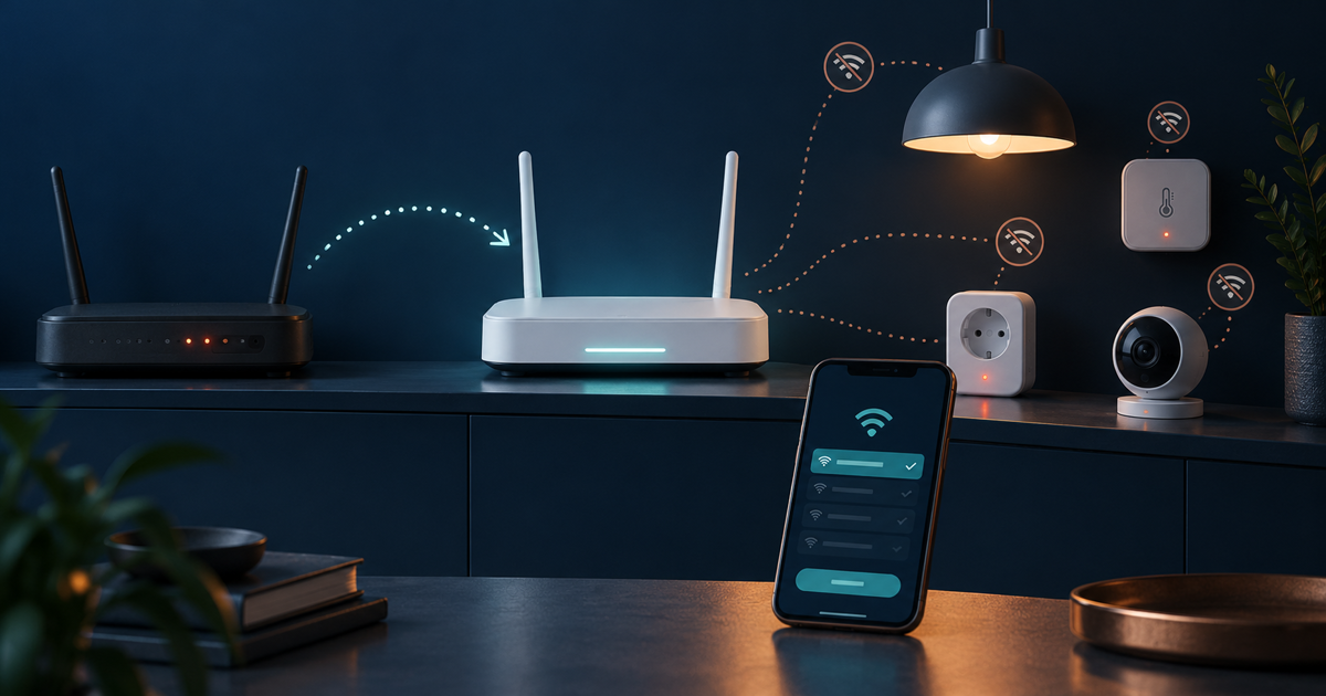 An unbranded new Wi-Fi router, a phone setup screen and smart-home devices that have dropped offline