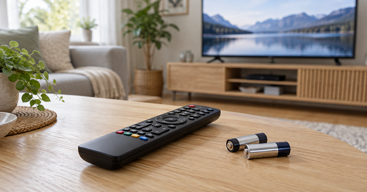 Remote control and batteries on a living-room table, AI illustration