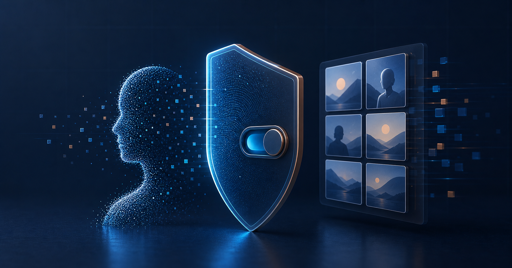 Abstract human figure, privacy shield and image cards at the boundary of AI image use