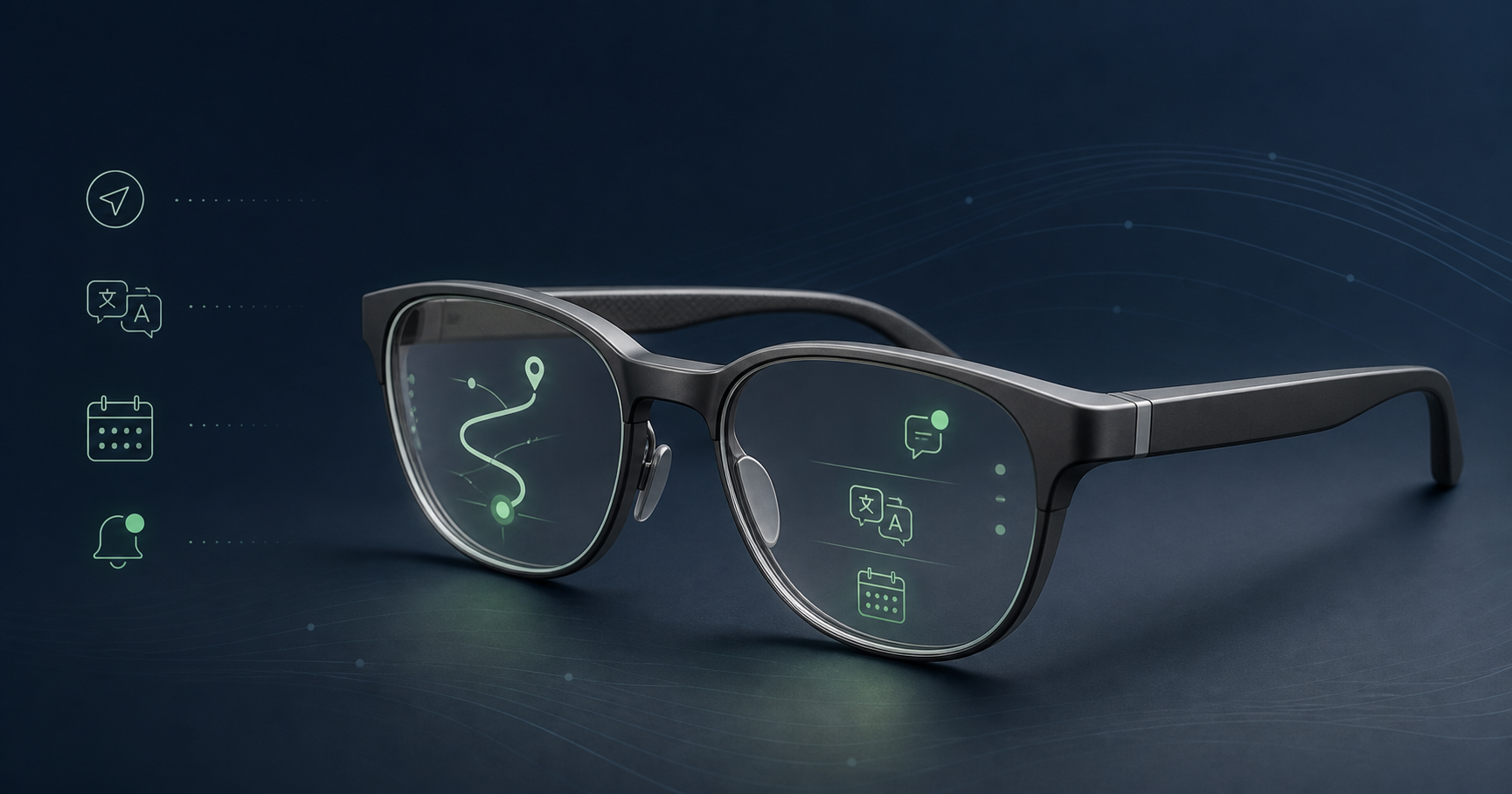 Camera-free smart glasses showing restrained navigation, translation and calendar information in the lenses