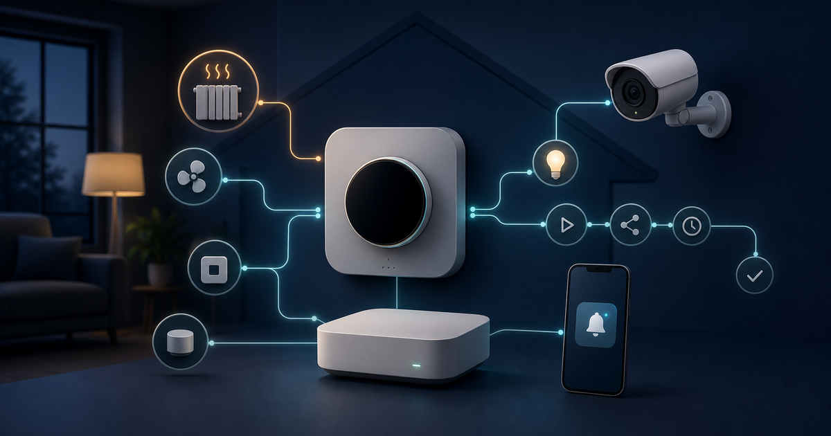 A smart-home controller links heating, a camera, notifications and automations