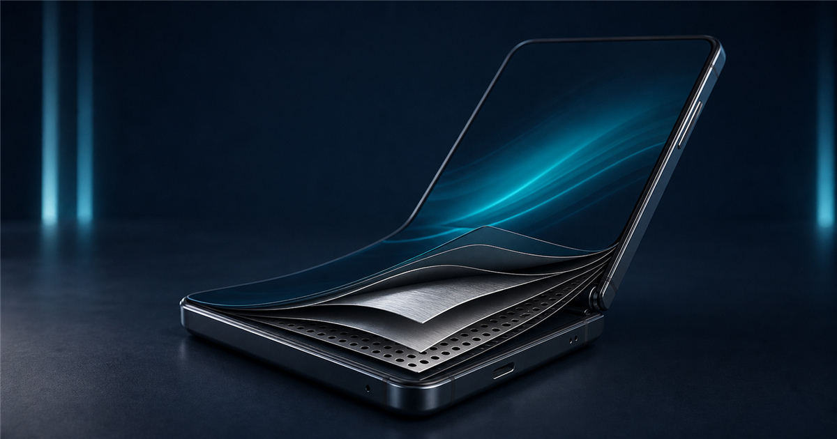 A generic foldable phone reveals its layered titanium-reinforced display structure