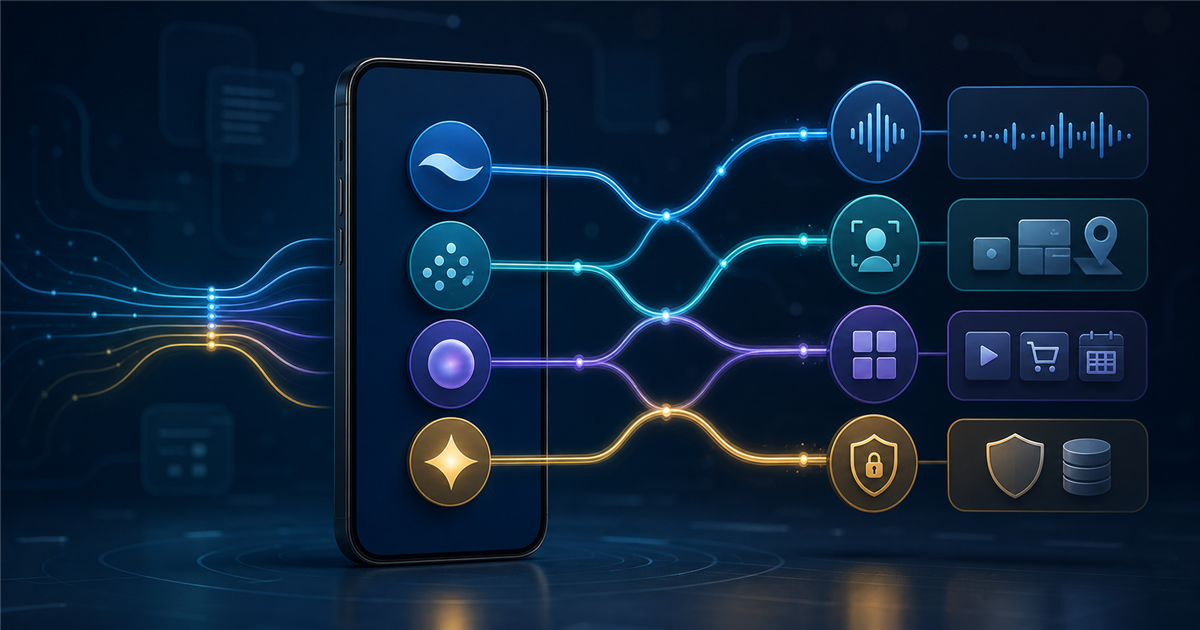 A generic smartphone connects several AI assistants to voice, apps, context and privacy controls