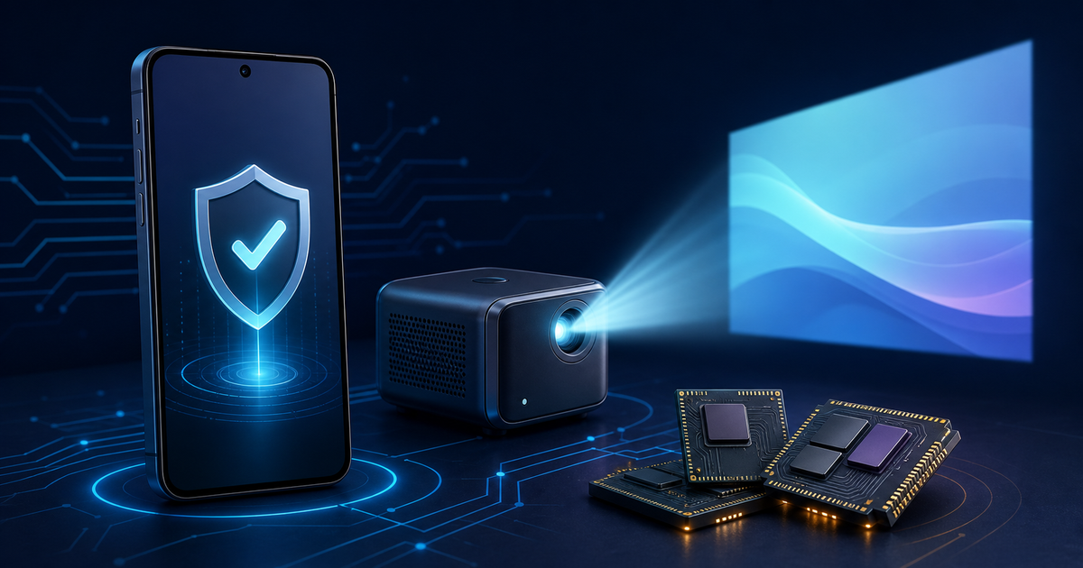 A generic smartphone, portable projector and memory chips illustrate a technology briefing