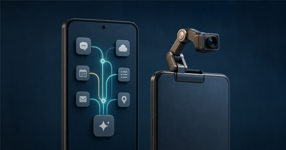 Two generic smartphones illustrate an AI task chain and a motorized camera arm