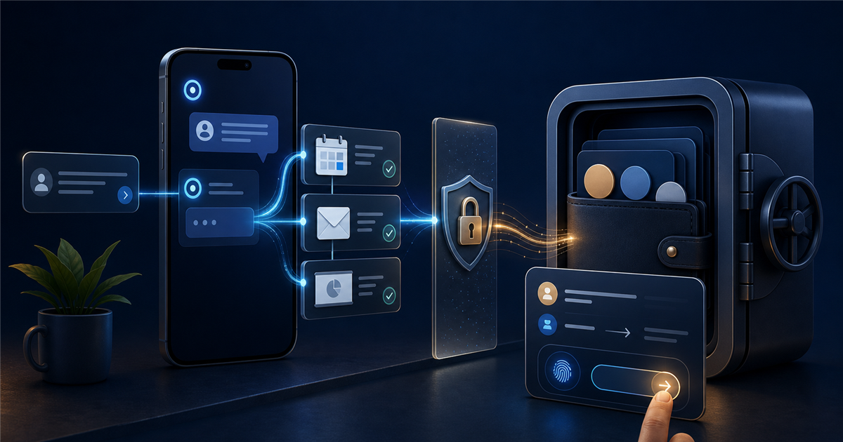 A generic AI assistant routes tasks through a permission gate and prepares a digital-wallet action for confirmation