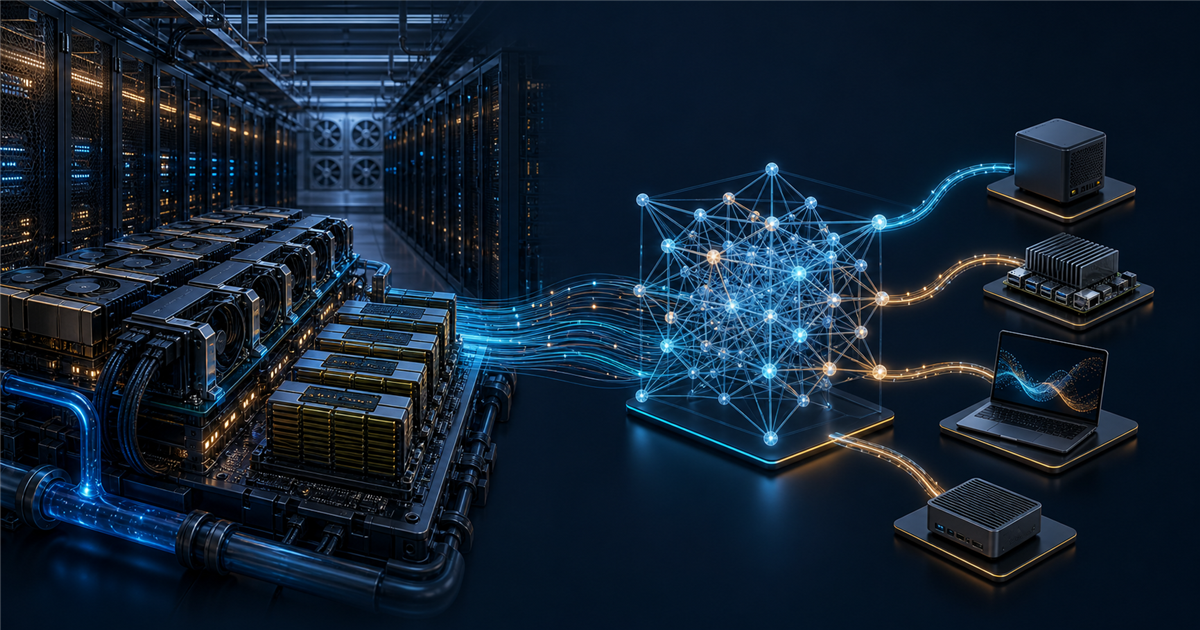 A generic AI data centre connects to an open model network and local computers