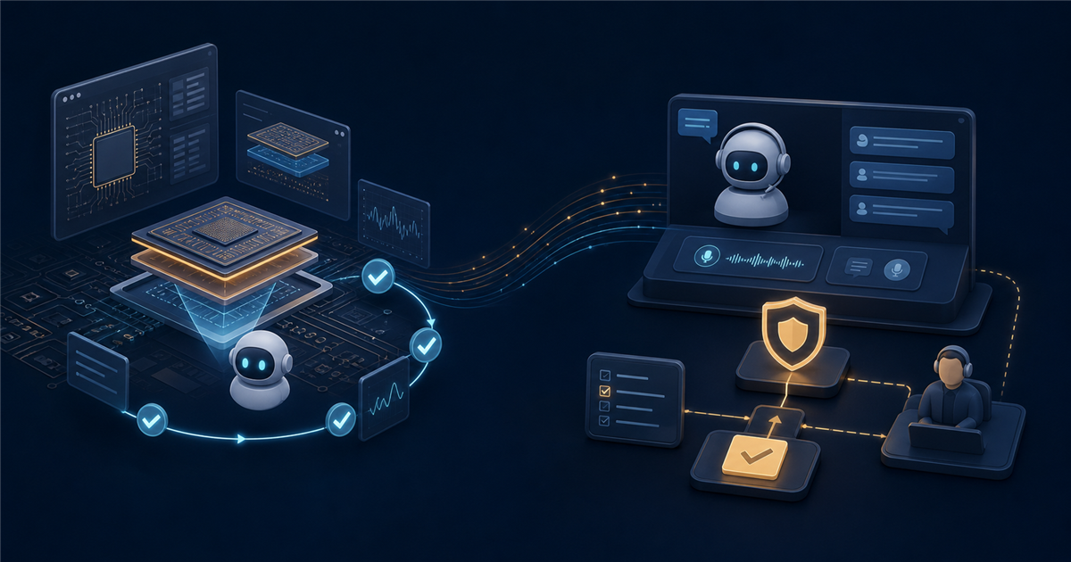 A generic AI verifies chip design and routes an enterprise voice agent through approval and human handoff