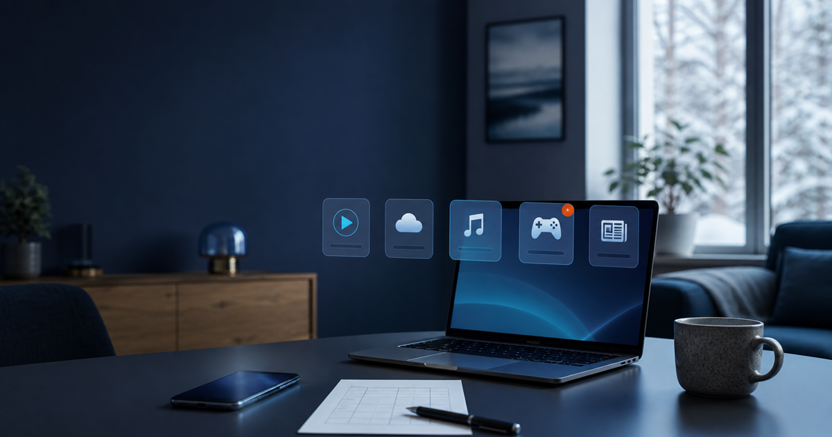 Laptop, phone and generic subscription symbols in a Finnish home