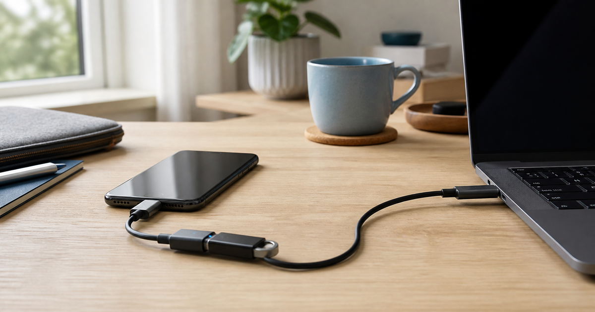 Phone, USB-C drive and laptop on a desk