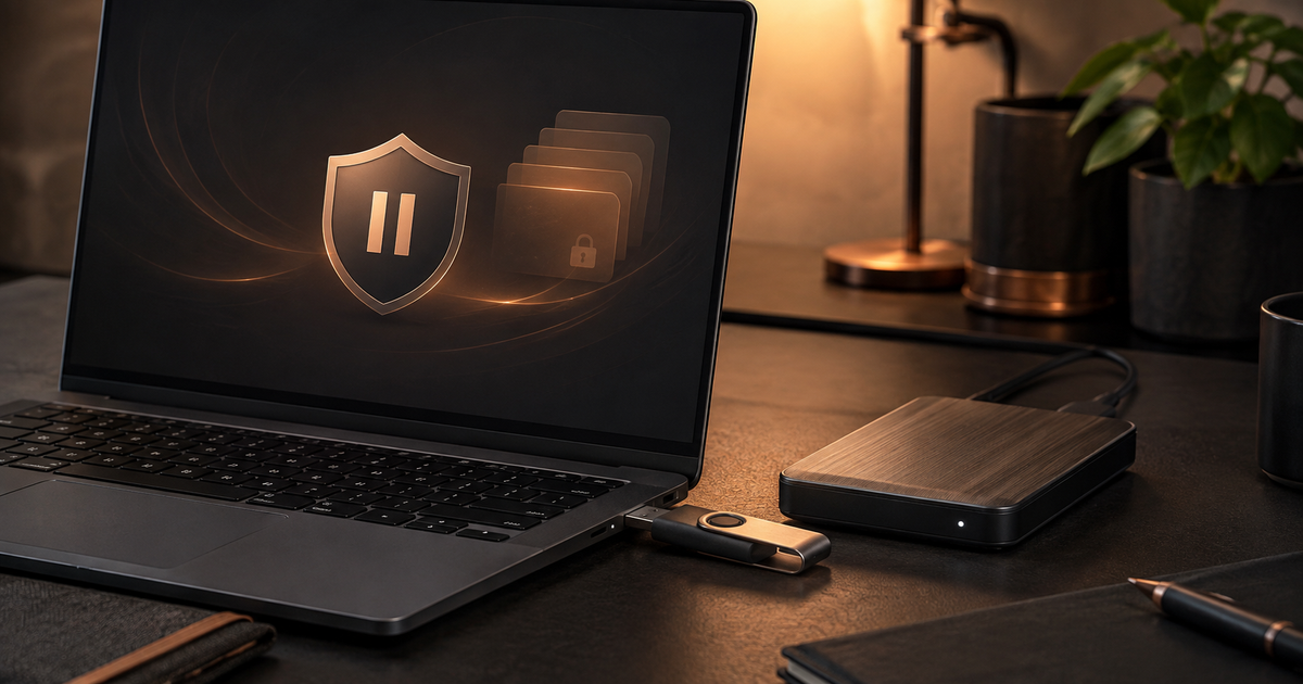 USB drive, external disk and laptop showing a pause symbol protecting files