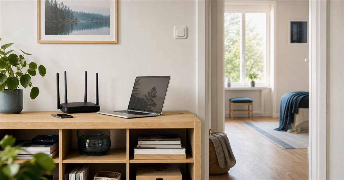 A Wi-Fi router on an open shelf with a laptop and phone in a Finnish home