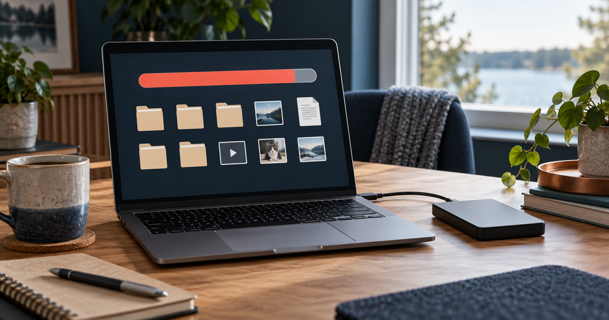 Laptop and external drive on a home desk with an illustrative nearly full storage bar