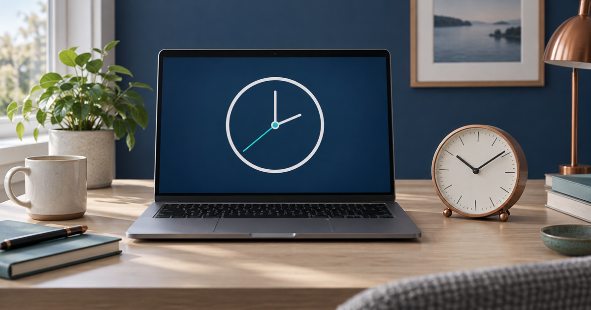 A laptop and desk clock on a home workspace