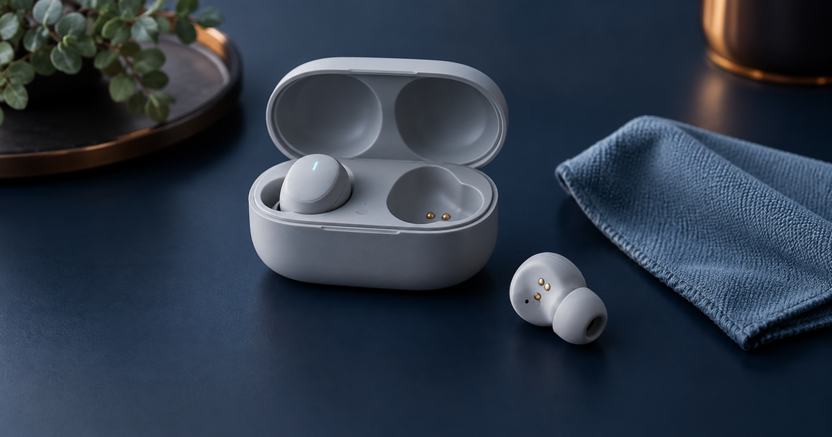 An unbranded wireless-earbud charging case with one earbud charging and the other earbud's dry contacts visible
